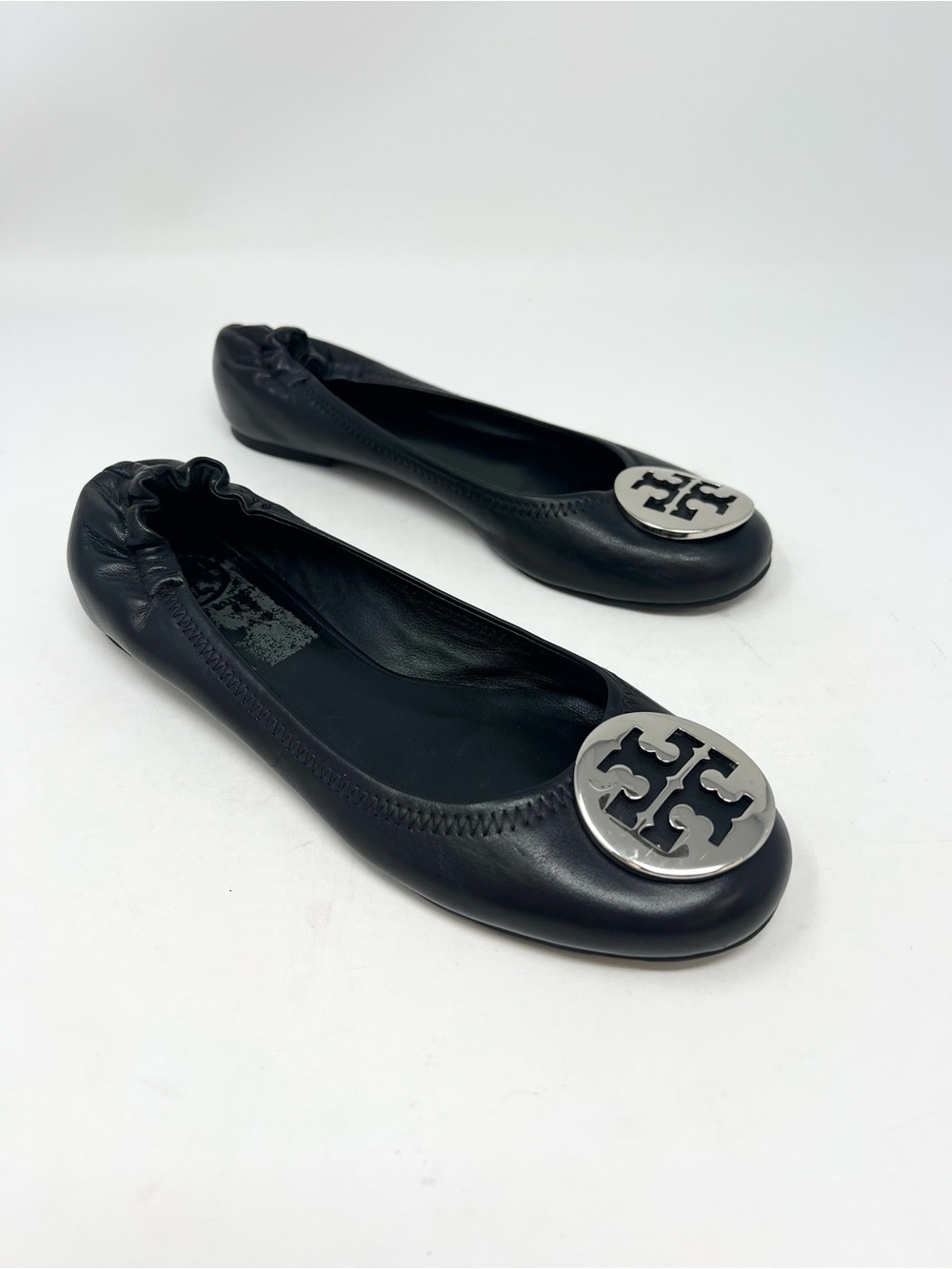TORY BURCH Reva Flats Black Leather Silver Medallion Slip On Classic Shoes 7.5M